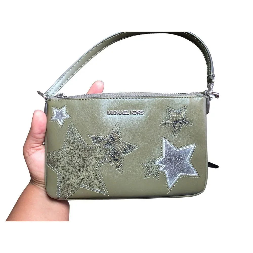 Michael Kors Jet Set Small Star Patchwork Wristlet Pouch Clutch Olive Green NWT